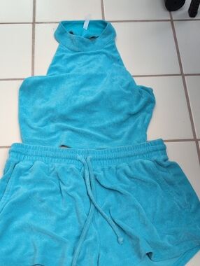 Fabletics Bright Turquoise Terry Cloth Halter Top And Shorts Set
